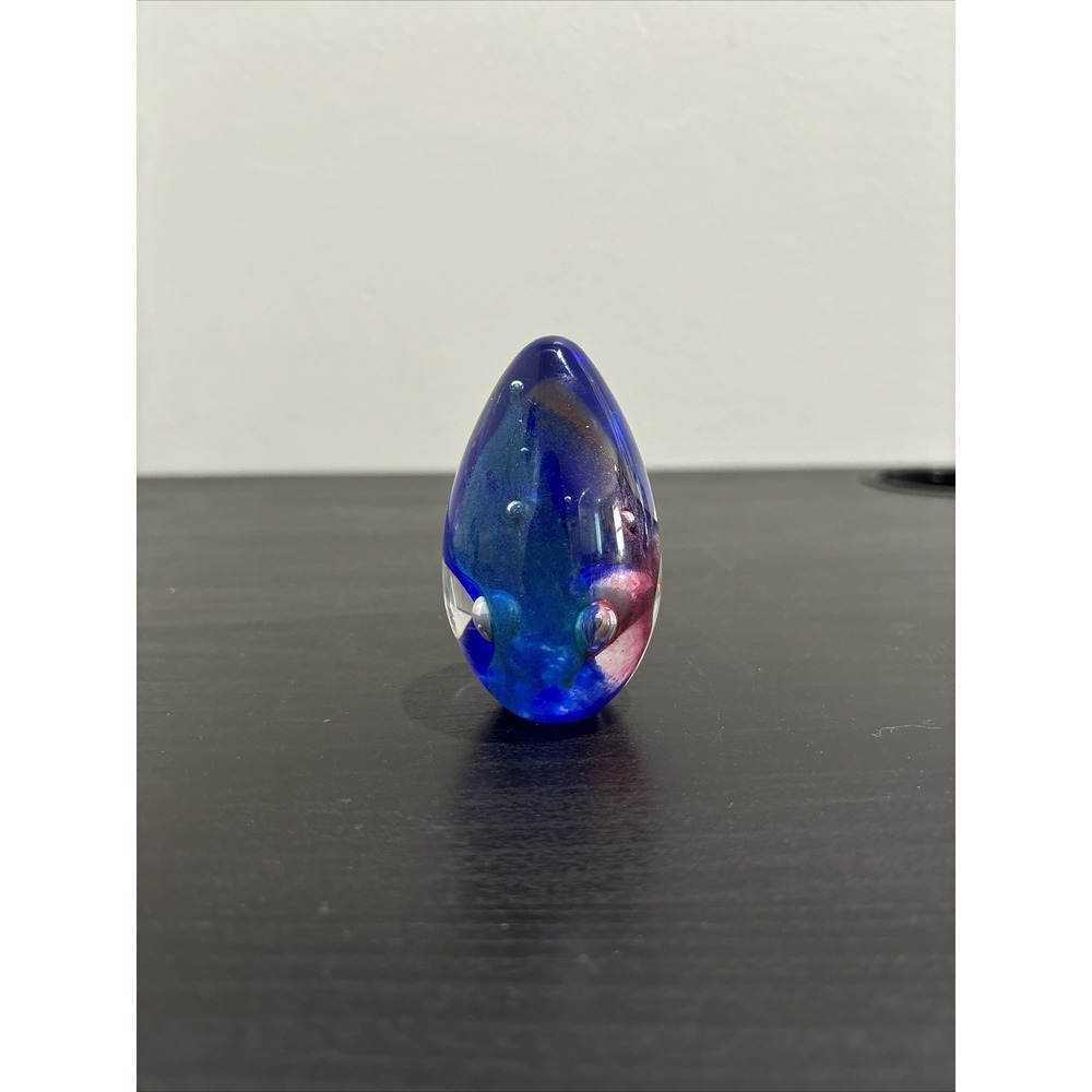 Glass Eye Studio Egg Shaped Art Paperweight Blue Teal Pink Bubble Marked GES 99